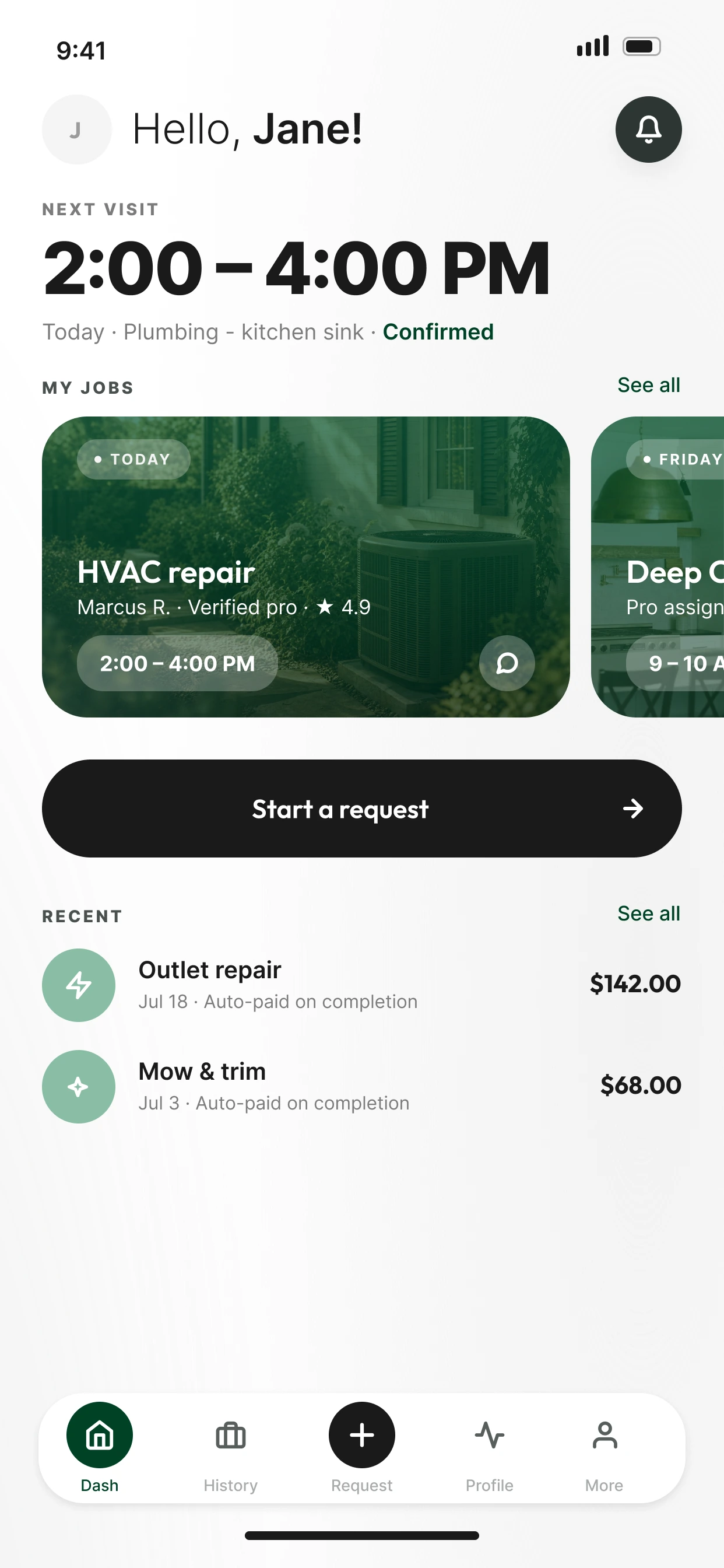 Domas app home screen with a Start a request button