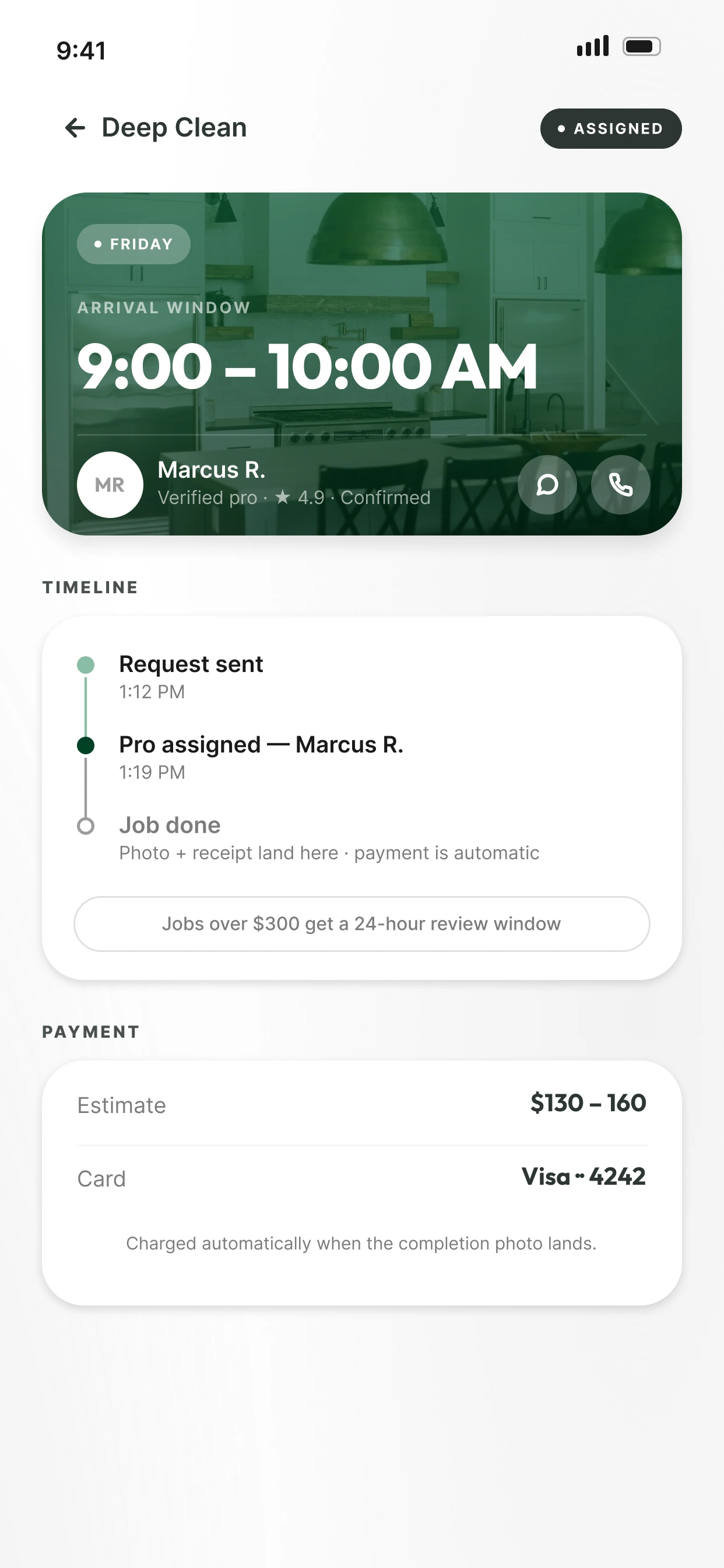 Live job screen showing the assigned pro and timeline