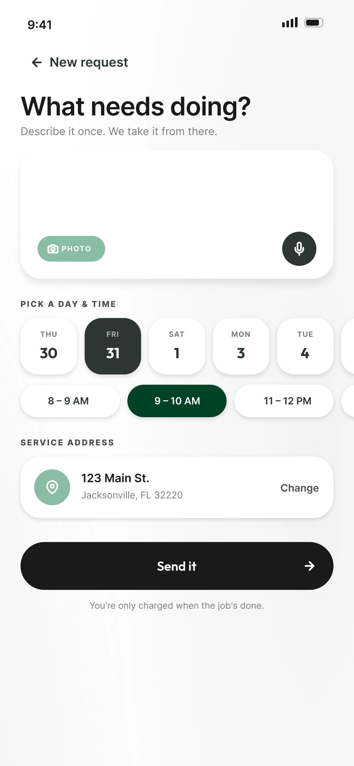 New request screen with description, day and time window selected